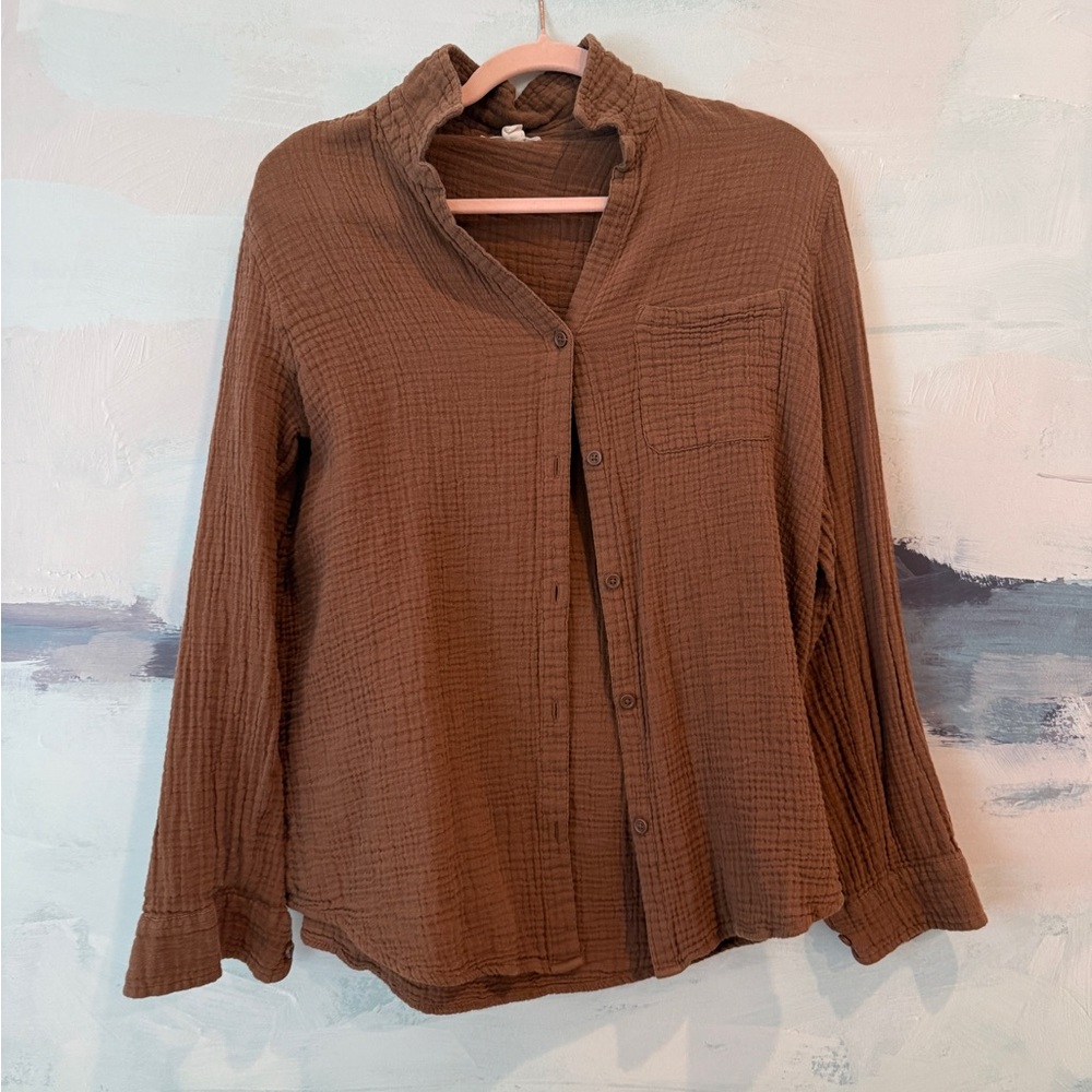 beachlunchlounge Brown Button-Front Gauze Shirt
